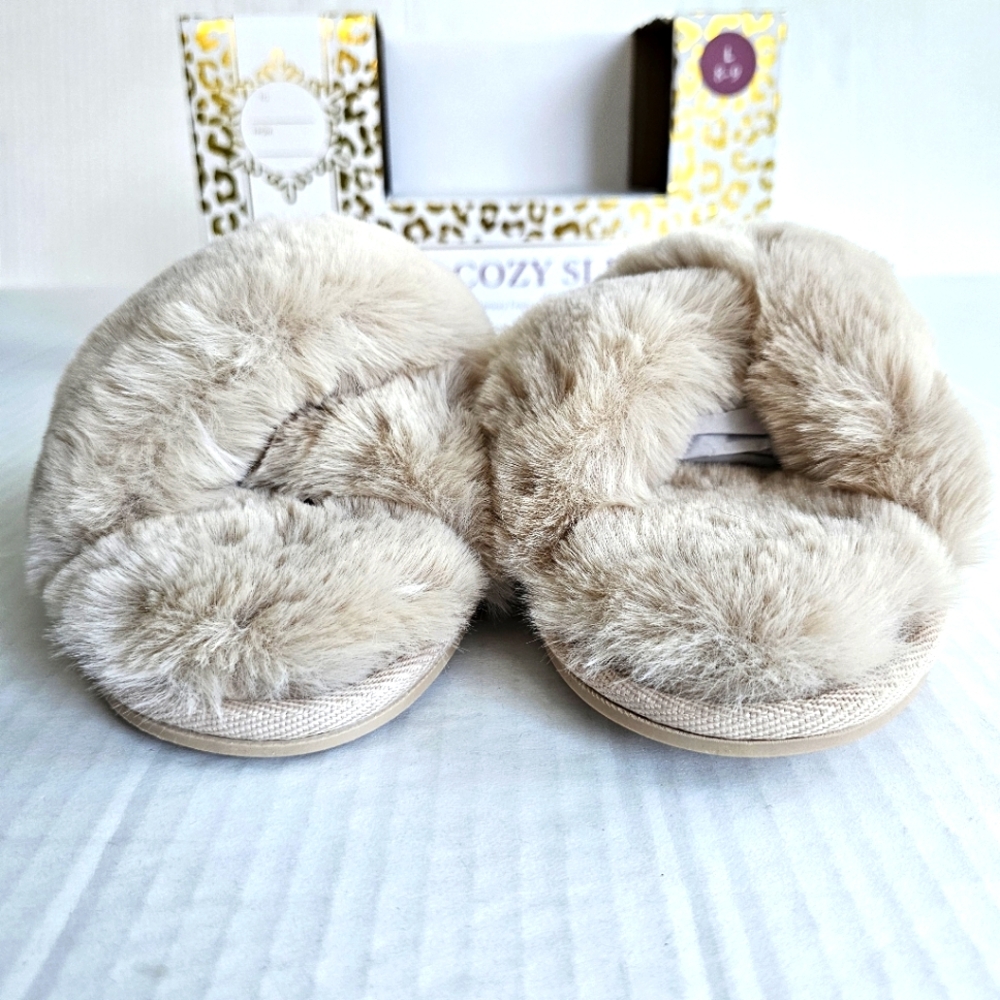 Jessica Simpson faux fur slippers size L 8-9 tan crisscross open toe NIB - Picture 5 of 14